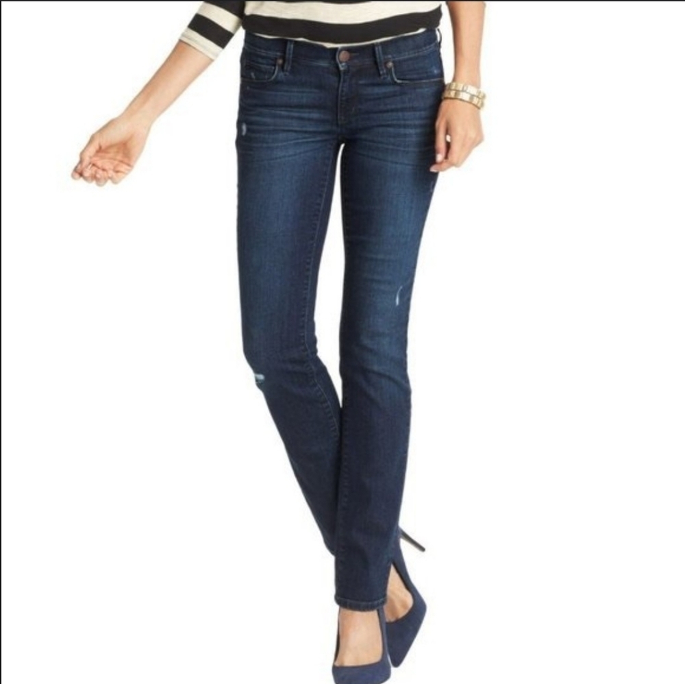 LOFT Modern Straight Distressed Jeans Womens Dark Blue Classic Summer Preppy